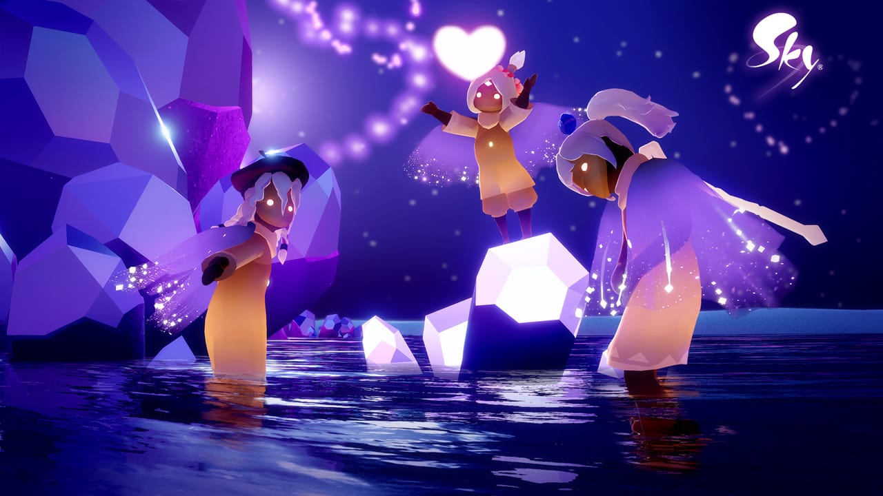 3 Sky kids face the camera in greeting near Days of Love crystals