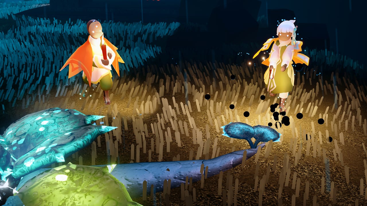 Two Sky kids hold candles to burn a Dark Plant to gain colored Light