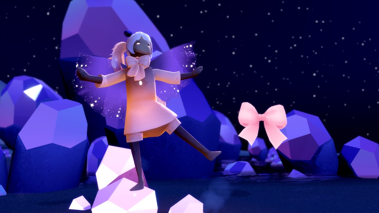 A Sky kid wearing a meteor cape poses on top of a crystal next to a bow-shaped Event Ticket